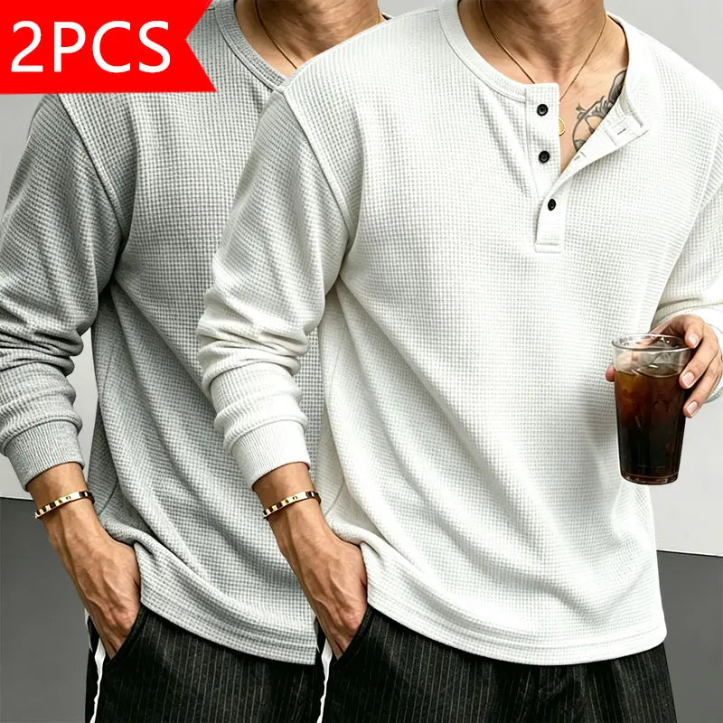 Men's Waffle-Knit Henley Collar T-Shirt (Drop Shoulder/Half-Placket)
