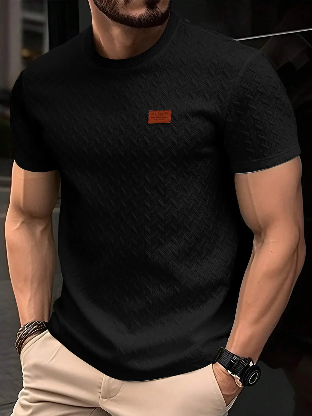 Men's Casual Textured Fabric Short Sleeve Fitted T-Shirt, Ribbed Round Neck Top, Summer Solid Color Plain Fashion Streetwear Men's Clothing, Menswear