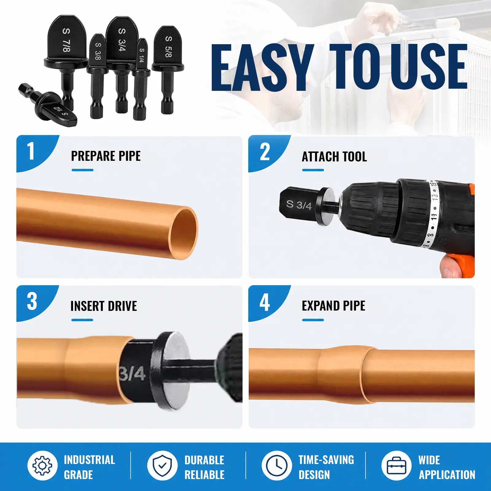 6-Piece HVAC Copper Pipe Swaging Drill Bit Set Repair Tool