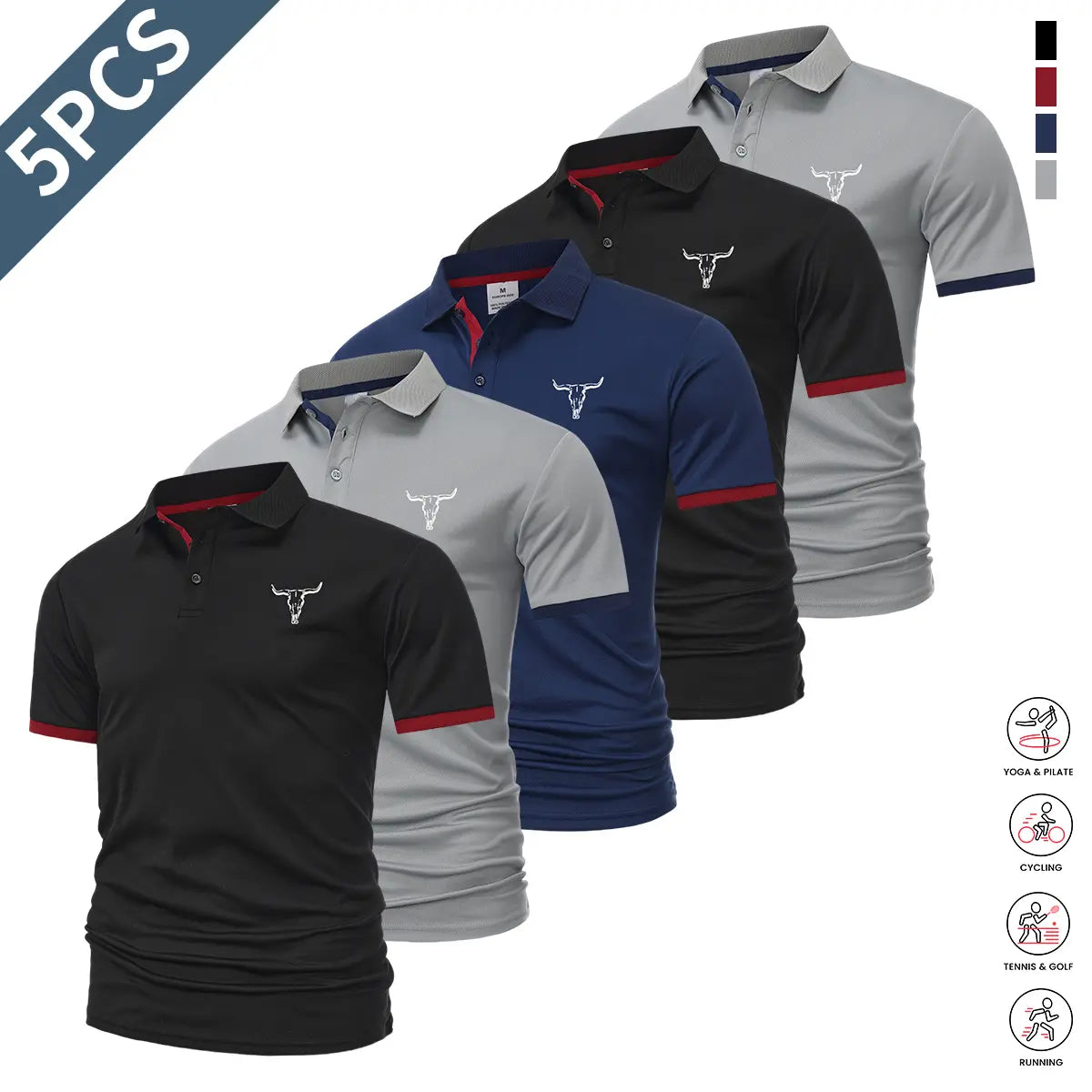 5-piece set: casual men’s short-sleeve polo shirt, quick-dry golf and tennis shirts, comfortable riding apparel, fashionable men’s sportswear; suitable for casual gatherings and holiday travel; contrast design at the neckline and sleeves.