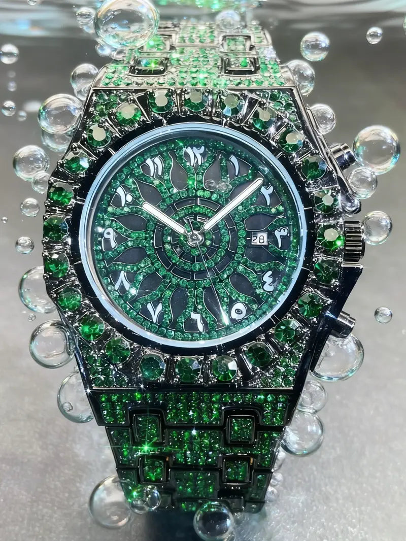 Men's Quartz Watch with Rhinestones, Luxury Ice-Dial Hip-Hop Watch with Full Artificial Water Diamonds, Rhinestone Decorated Watch, Fashionable Stylish Watch