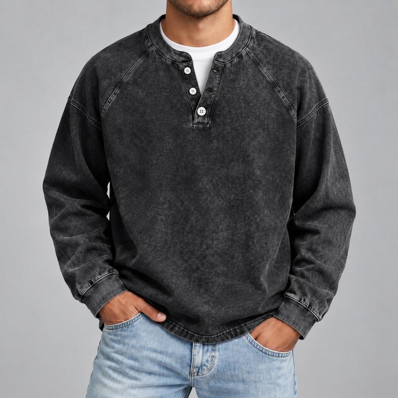 Men's Vintage Washed 3-Button Henley Long Sleeve Plain Pullover, Soft Polyester Oversized Relaxed-Fit Men's Clothing, Dark Brown Casual Streetwear, Dry Clean Compatible Stand Collar Shirt, Everyday Wear Outfits Ribbed Tshirt Wetsuit Menswear Beige Top