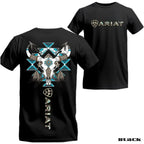 Ariat Tribal Skull T-Shirt – Western Bull Skull & Feathers Graphic with Blue Aztec Patterns – Unisex Tee for Country Style &