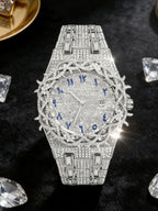 Unisex New Hip-Hop Style Quartz Watch, Fashion Wristwatches, Analog Wristwatch, Quartz Analog Timepiece, Rhinestone Strap & Full Iced-Out Large Dial, Unique Zirconia Design Wrist Watch, Party Gift for Men and Women, Fashionable Party Watch