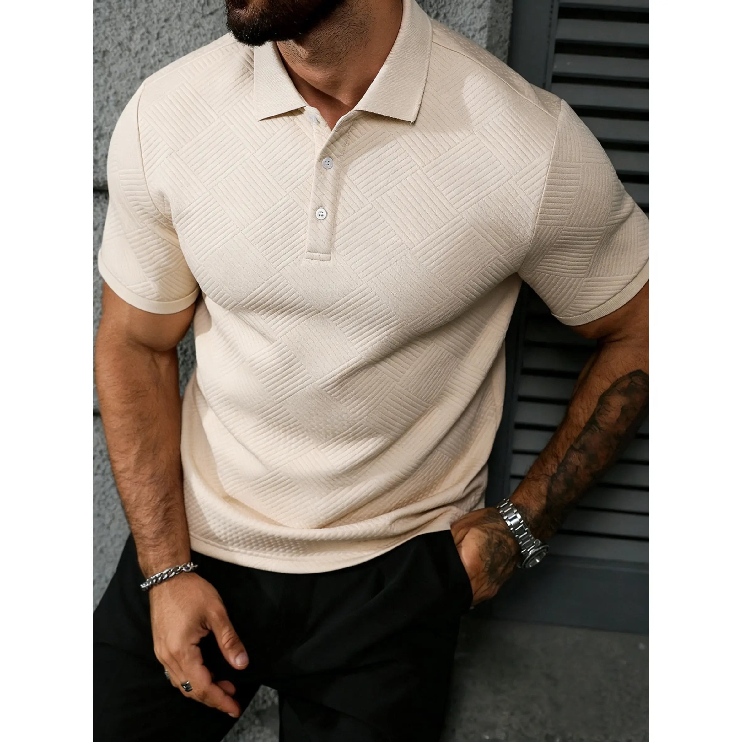 CasualCool Men's Old Money Contrast Knit Short-Sleeve Polo Shirt (Cream)