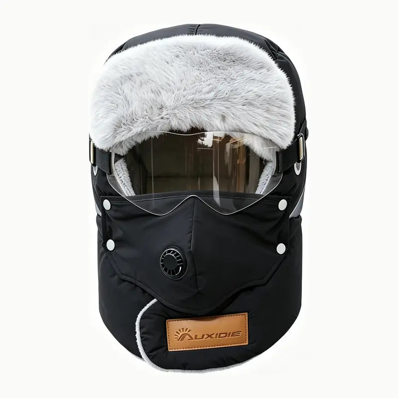 Unisex Fleece-Lined Outdoor Biking Hat with Goggles, Casual Style, Thick Inner Lining, Full Face Coverage, Warm Winter Sports Accessory (QXM)