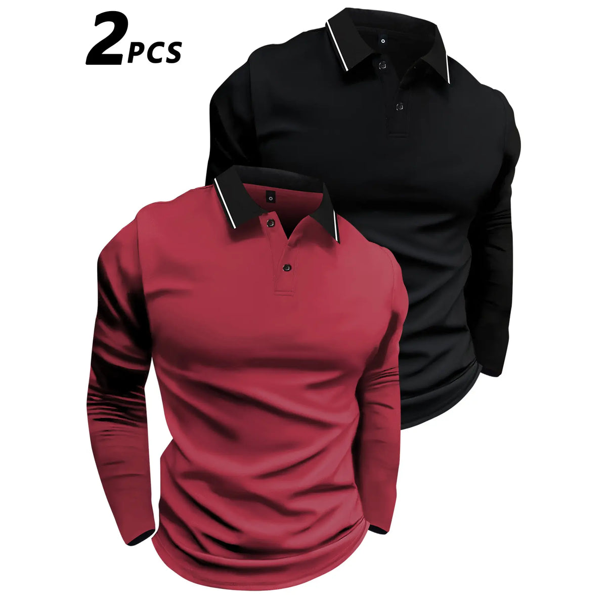 2-pack long-sleeved POLO shirt lapel T-shirt spring and autumn simple retro casual men's wear daily outdoor sports light business outdoor running wear tops
