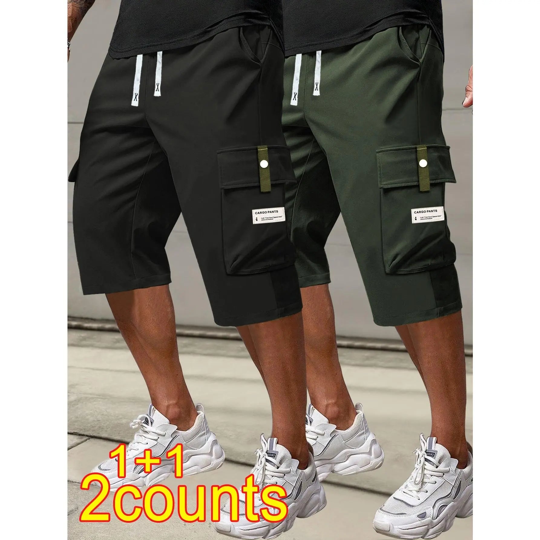 Men's Plus Size Cargo Shorts - Elastic Drawstring Waist & Multi-Pockets