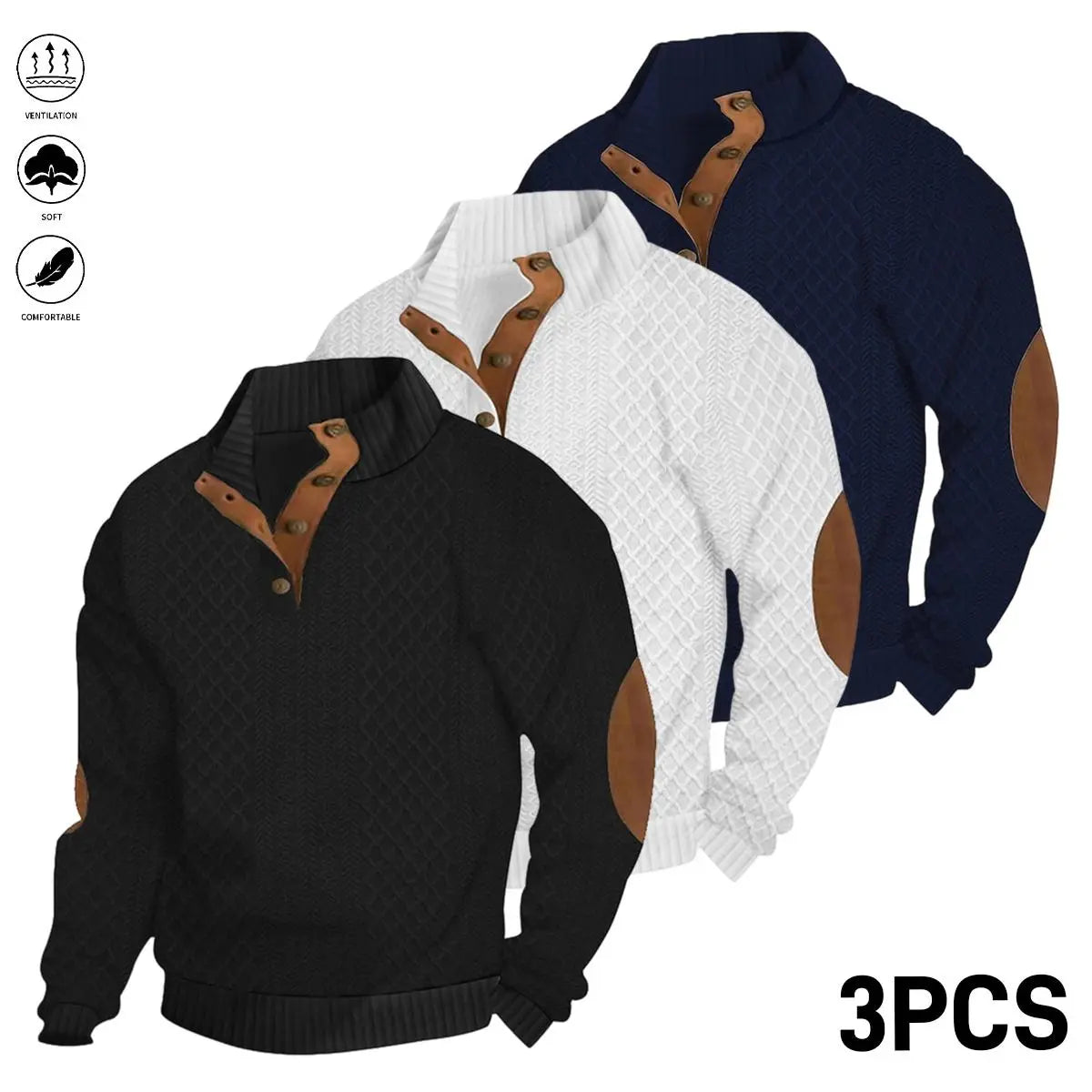 Men's 3-Pcs Jacquard Stand Collar Henley Tops - Menswear, Longsleeves, Neckline Button, Minimalist Street Sporty Chic Casual Chic Sweatshirt, Casual Wear
