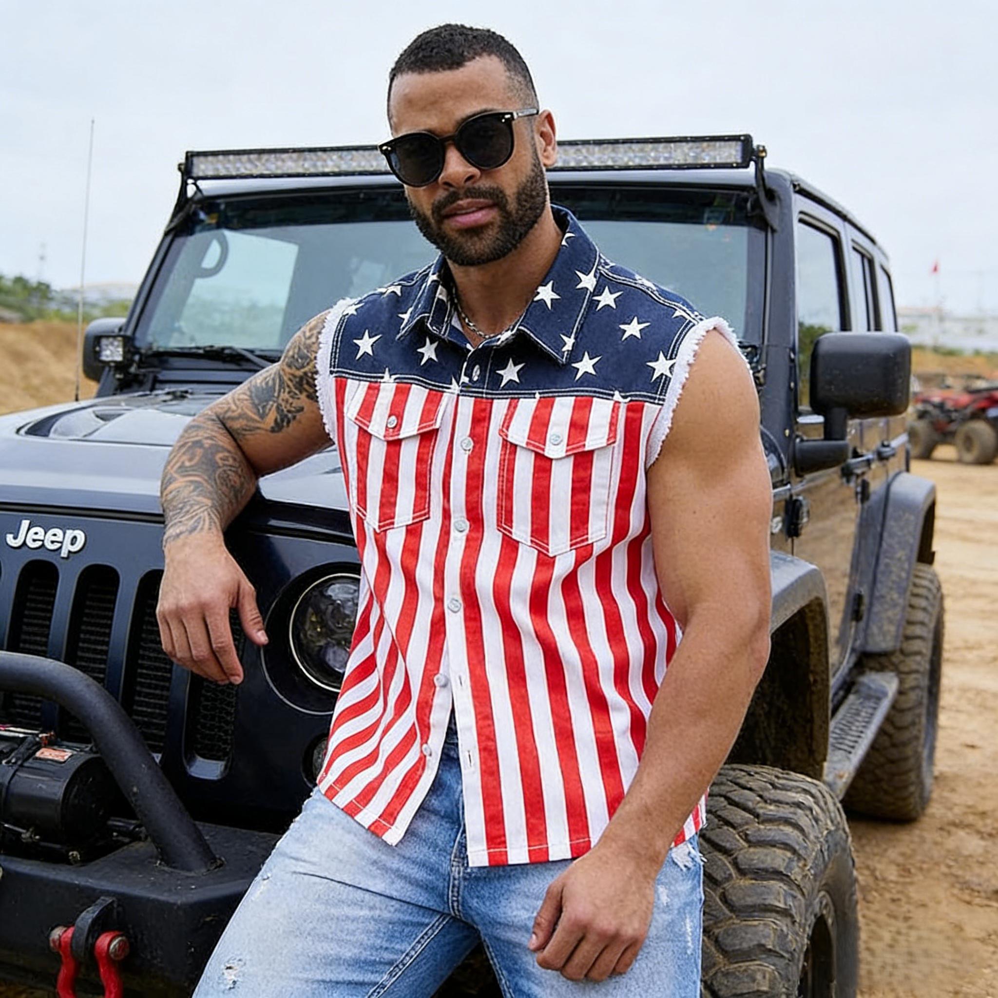 Yuanbang 4th of July Men’s American Flag Denim Vest USA 250th Birthday Independence Day Sleeveless Summer Casual Jacket Patriotic Style Outdoor Fashion Menswear Father's Festival Dad Gifts Guys Love Top Summer Wins