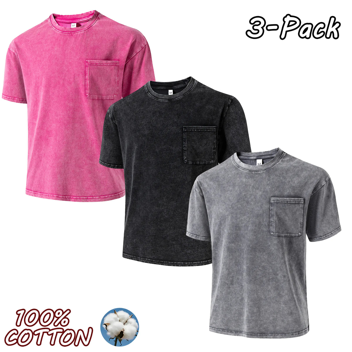 4-Pack Men's Vintage Washed 100% Cotton Crew-Neck T-Shirts