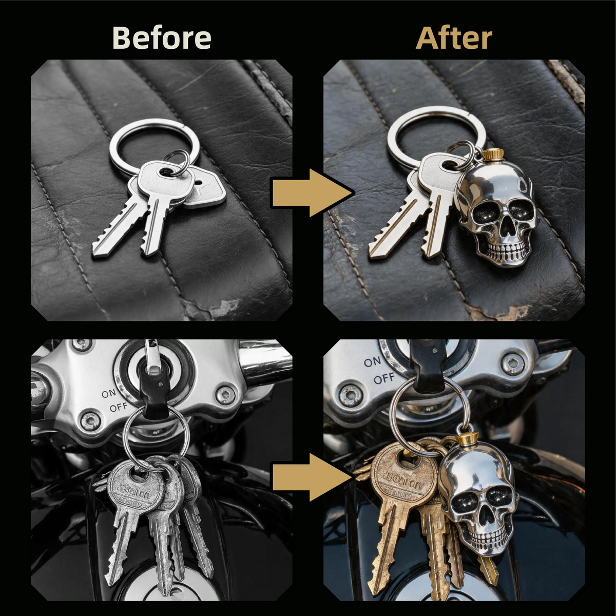3D Skull Stainless Steel Keychain for Men, Gothic Punk Metal Charm, Cool EDC Gift for Bikers