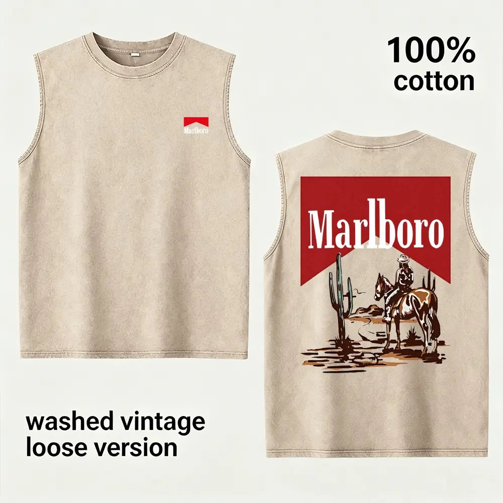 Vintage Washed Western Cowboy Sleeveless Tank Top for Men Women, 100% Cotton Oversized Desert Horse Rider Graphic Muscle Shirt, Retro Ranch Style Streetwear Tee, Casual Summer Gym Shirt, Gift for Boyfriend Husband Dad Country Fans