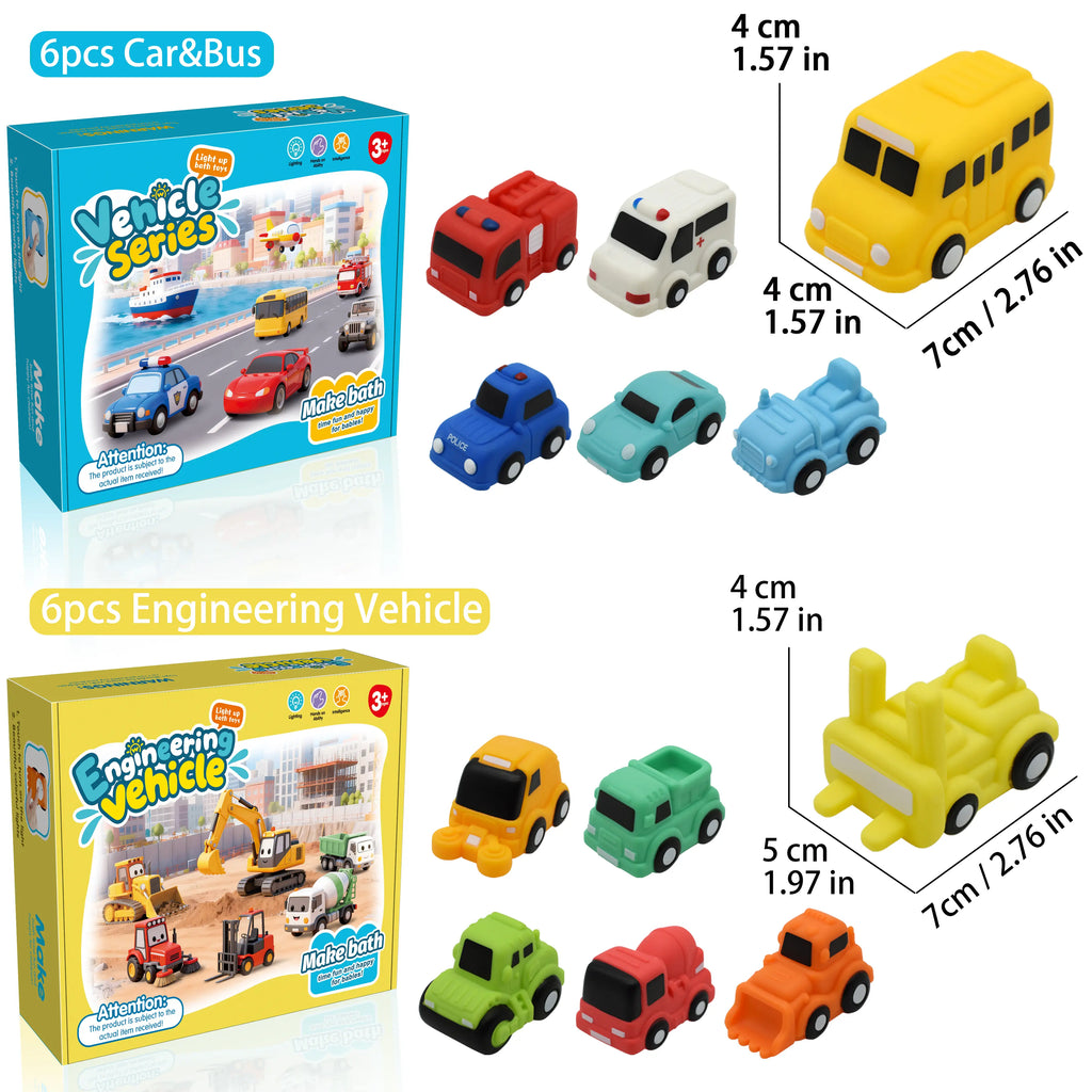 6PCS Bath Cars,Traffic Vehicles and Construction Vehicles, Light Up Bath Toy for Toddler,6 Pack Water Activated Flashing Colors Toys for Kids Bath Fun in the Tub,Bath Fun in Pool or Bathtub,On Beach