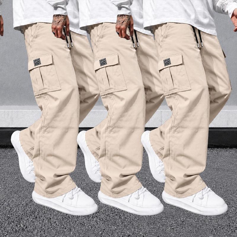 URMCZ Men's 3-Pack Basic Menswear Plain Cargo Pants, Wide Leg Elastic Belt Loose Work Trousers with Pockets, Comfortable Day Outdoor Hiking Bottoms