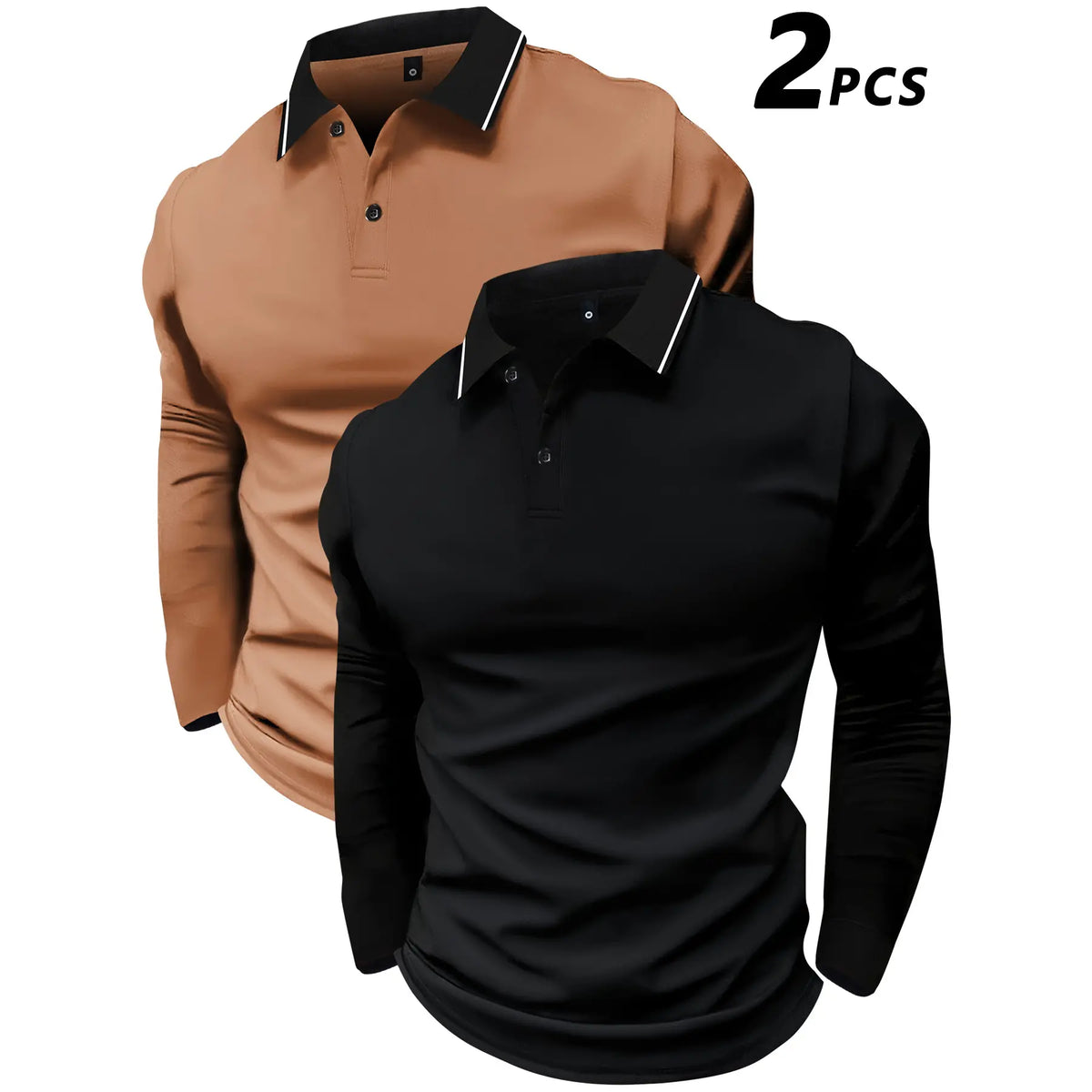 2-pack long-sleeved POLO shirt lapel T-shirt spring and autumn simple retro casual men's wear daily outdoor sports light business outdoor running wear tops