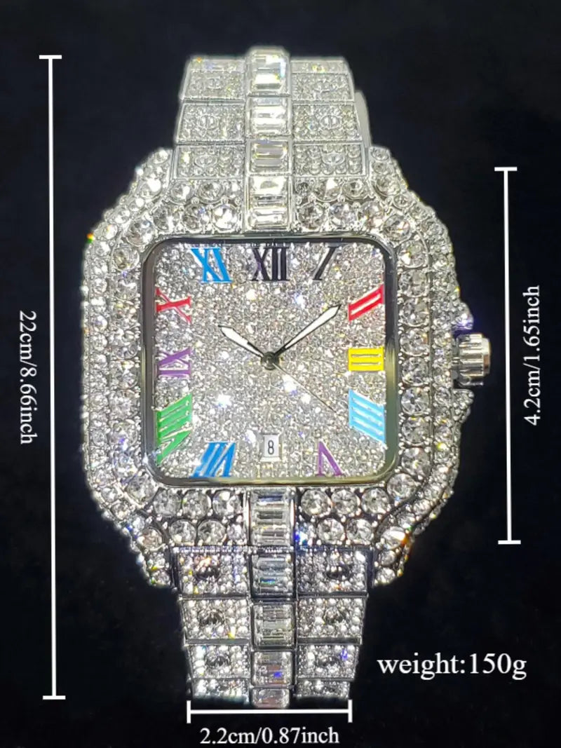 Men's Rhinestone Decorated Square Quartz Watch, Rhinestone Embellished Watch, for Men As Gift with Box, Square Dial, Stainless Steel Wristwatch, Rhinestone Watches