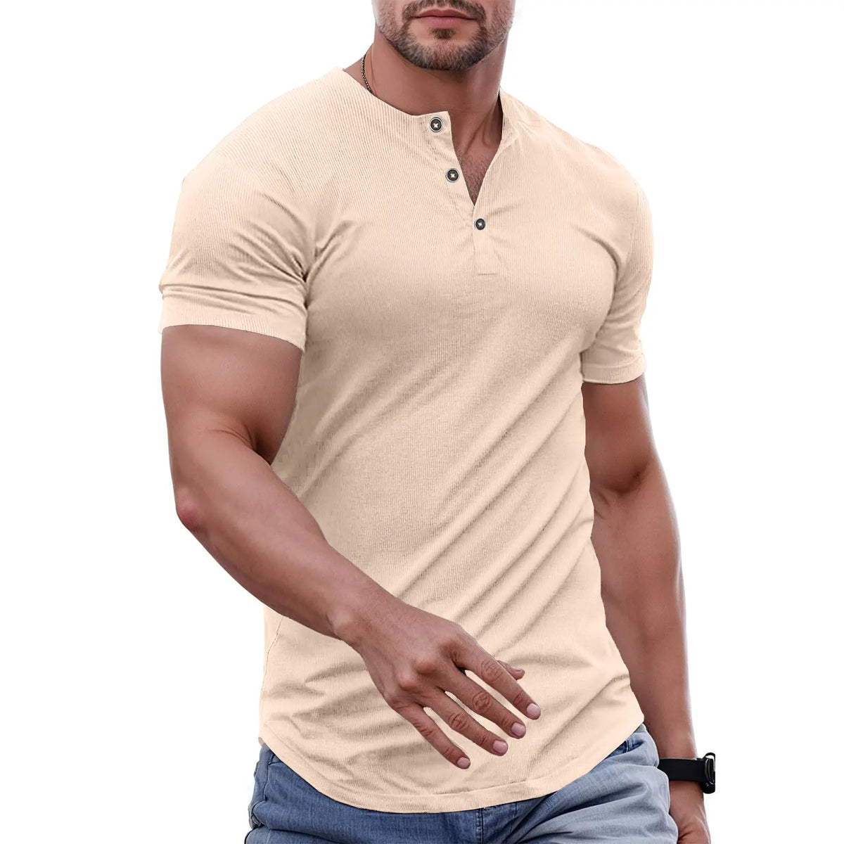 Men's Slim Fit Henley Athletic Longline Workout T-Shirt Heavyweight Stretch