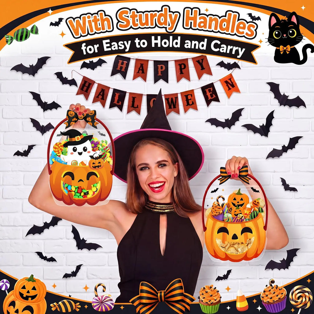 24/50 Pcs Halloween Goodie Bags Plastic Candy Bag Trick or Treat Bags with Cauldron Skeleton black Cat Skull Pumpkin Design,Treat Bags for Student Teacher Colleagues Neighbors,Classroom Snack Storage for Halloween Birthday Party Favor Supplies