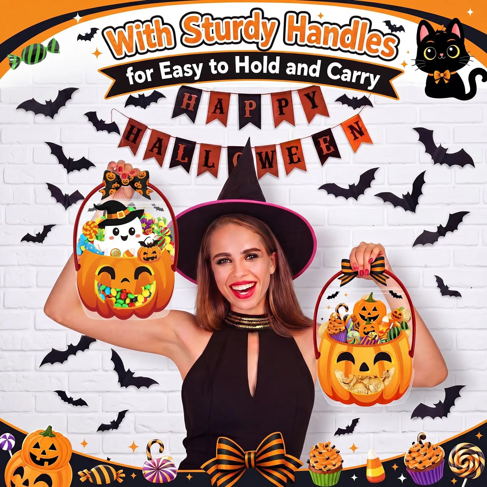 24/50 Pcs Halloween Goodie Bags Plastic Candy Bag Trick or Treat Bags with Cauldron Skeleton black Cat Skull Pumpkin Design,Treat Bags for Student Teacher Colleagues Neighbors,Classroom Snack Storage for Halloween Birthday Party Favor Supplies