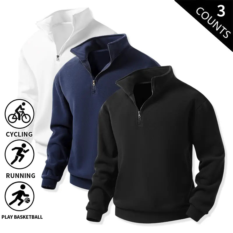 Men’s 3-Pack Quarter-Zip Fleece Sweatshirts, Soft Stand-Collar Loose-Fit Athletic Long-Sleeve Pullover Tops