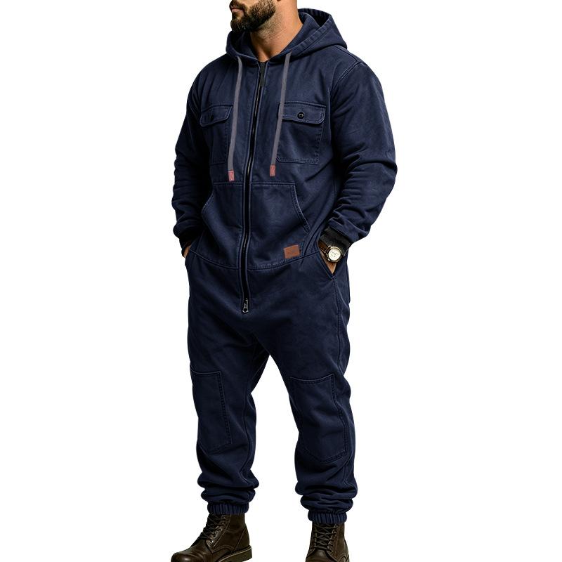 Men’s Hooded Cargo Jumpsuit for Men, Multi-Pocket Zip Front Workwear Coveralls, Relaxed Fit Long Sleeve Utility One Piece Outfit, Outdoor Work Hiking Camping Travel Streetwear Casual Overall with Elastic Cuffs and Drawstring Hood