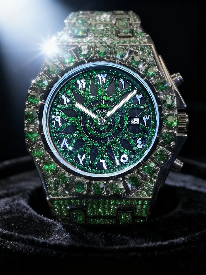 Men's Quartz Watch with Rhinestones, Luxury Ice-Dial Hip-Hop Watch with Full Artificial Water Diamonds, Rhinestone Decorated Watch, Fashionable Stylish Watch