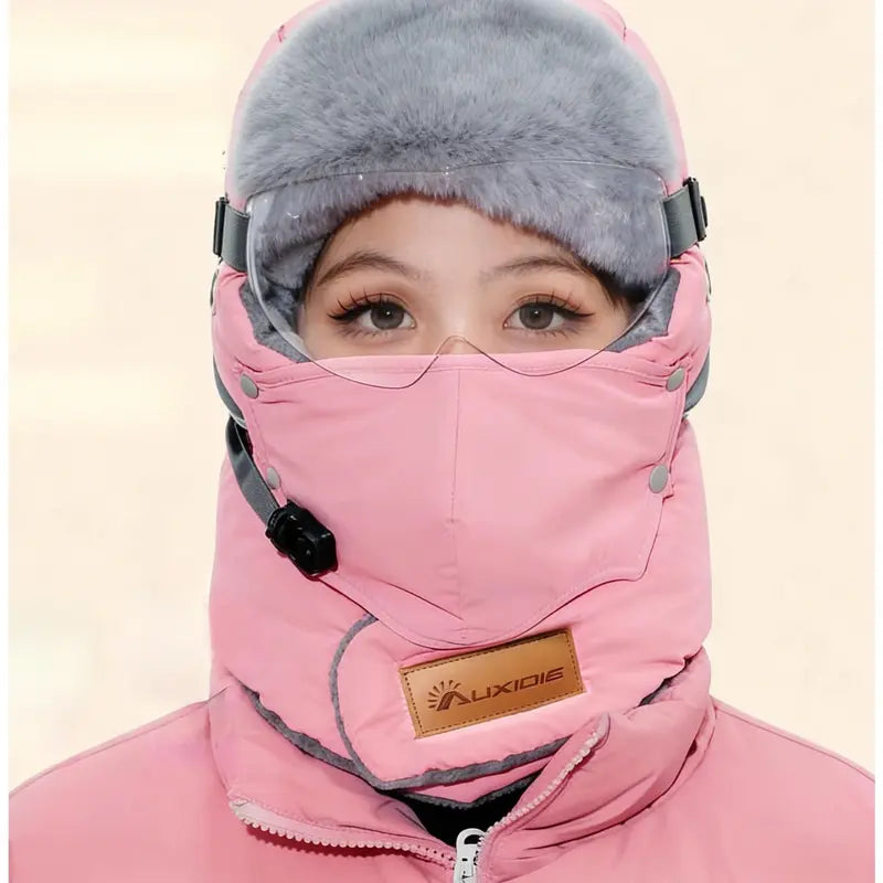 Unisex Fleece-Lined Outdoor Biking Hat with Goggles, Casual Style, Thick Inner Lining, Full Face Coverage, Warm Winter Sports Accessory (QXM)