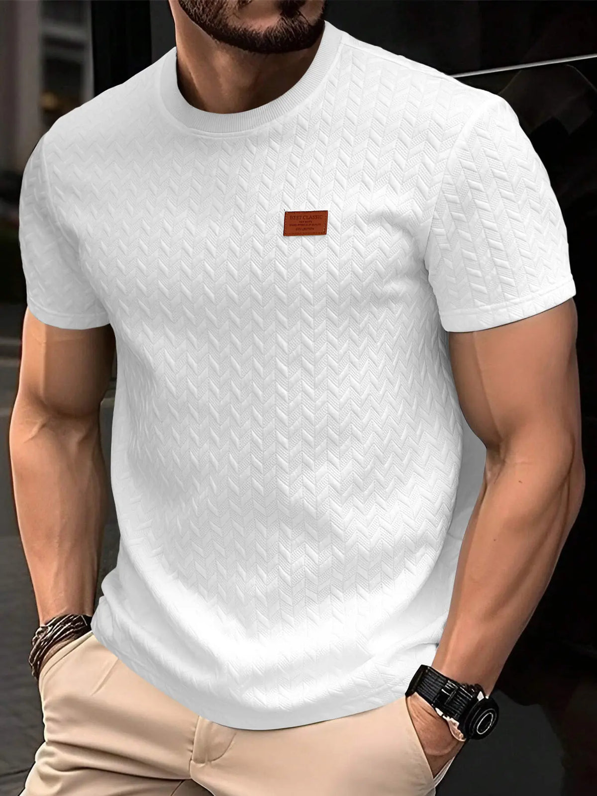 Men's Casual Textured Fabric Short Sleeve Fitted T-Shirt, Ribbed Round Neck Top, Summer Solid Color Plain Fashion Streetwear Men's Clothing, Menswear