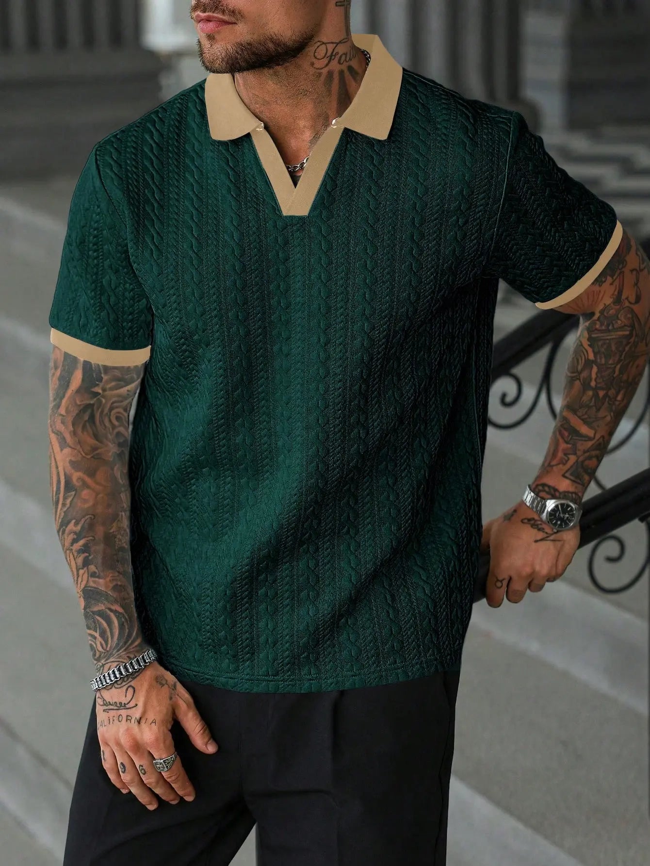 CasualCool Men's Old Money Contrast Knit Short-Sleeve Polo Shirt (Cream)