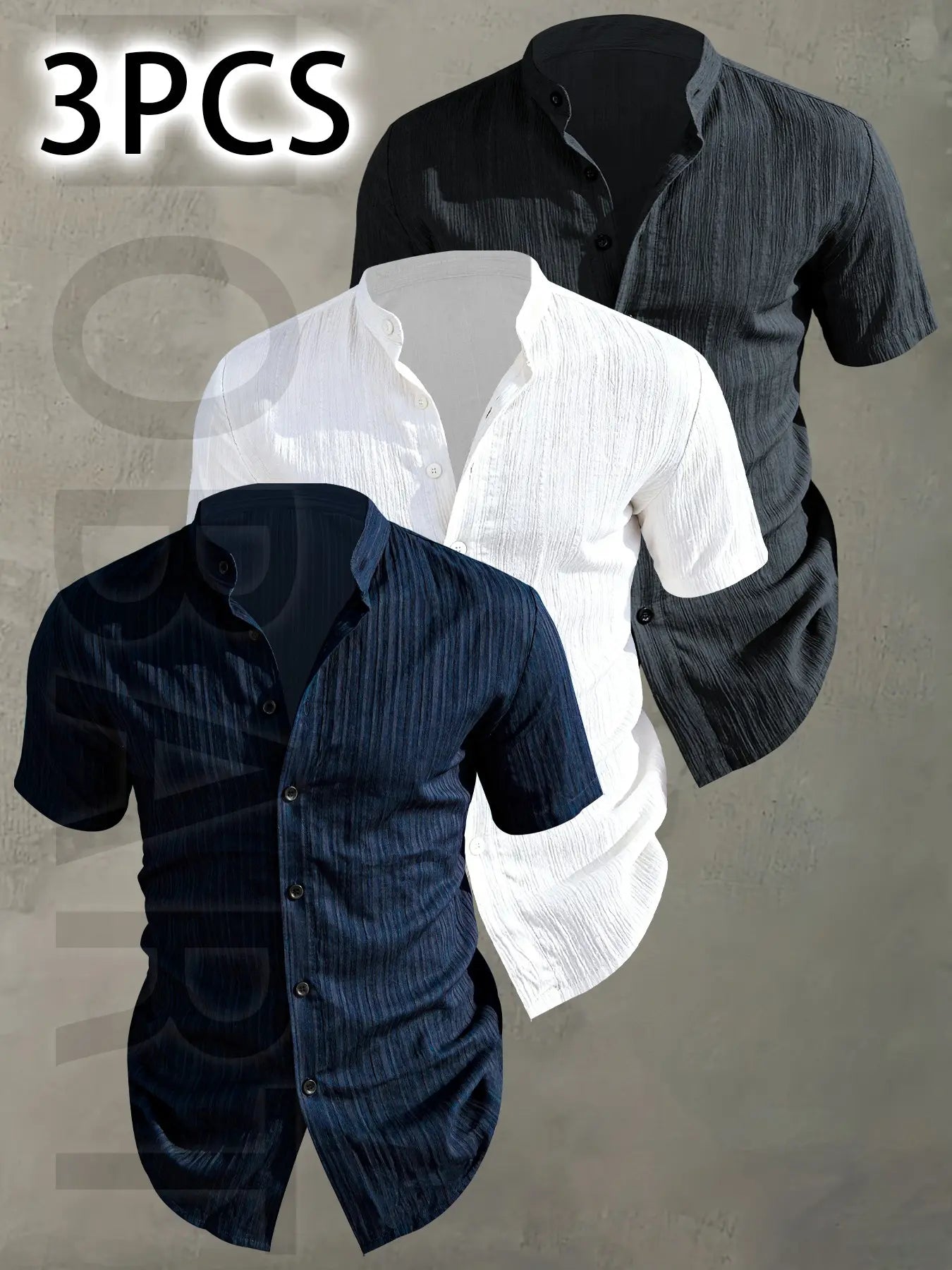 3pcs Men's Summer Lightweight Casual Button-Up Shirts with Stand Collar