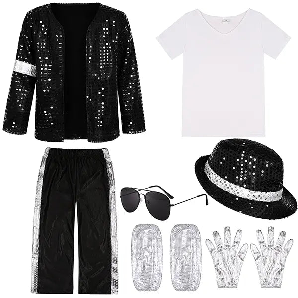 Boys' 80s-90s Pop Dance Costume Full Set - Polyester Sequins Criss Cross Striped T-Shirt & Pants, Sunglasses Included, Costumes with Accessories for Halloween, Cosplay Gear, 4-5/13-14Y Halloween Aesthetic Outfit