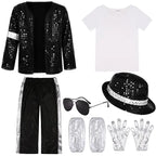 Boys' 80s-90s Pop Dance Costume Full Set - Polyester Sequins Criss Cross Striped T-Shirt & Pants, Sunglasses Included, Costumes with Accessories for Halloween, Cosplay Gear, 4-5/13-14Y Halloween Aesthetic Outfit