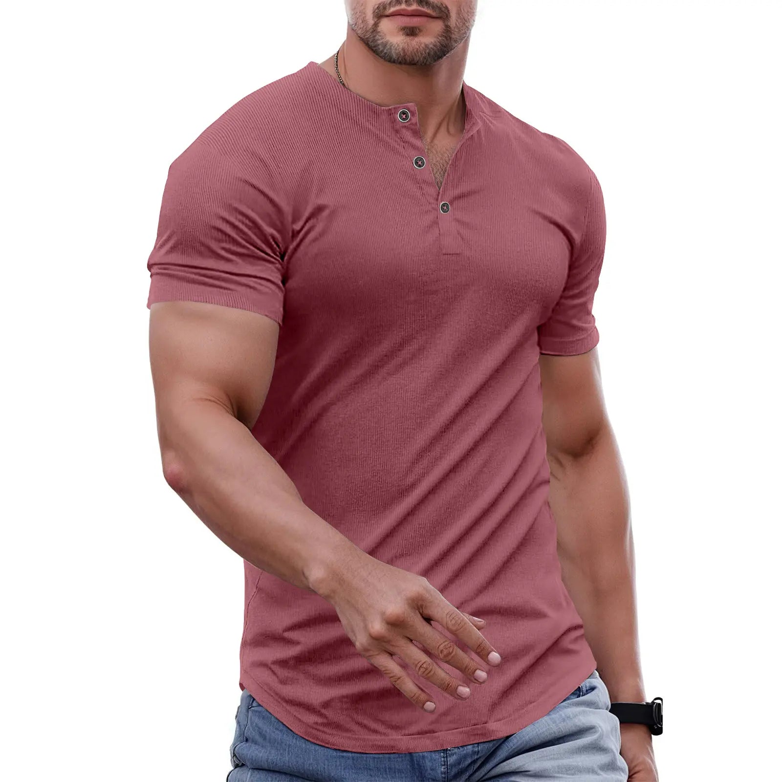 Men's Slim Fit Henley Athletic Longline Workout T-Shirt Heavyweight Stretch