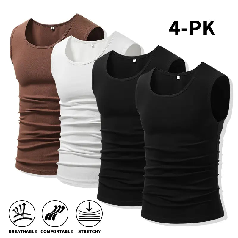 Men 4Pack Cotton Muscle Tank Tops Comfort Stretchy Breathable Summer Workout Sleeveless Sports Undershirts (optional sets of 4 or 2) High Elasticity Lifestyle Beater