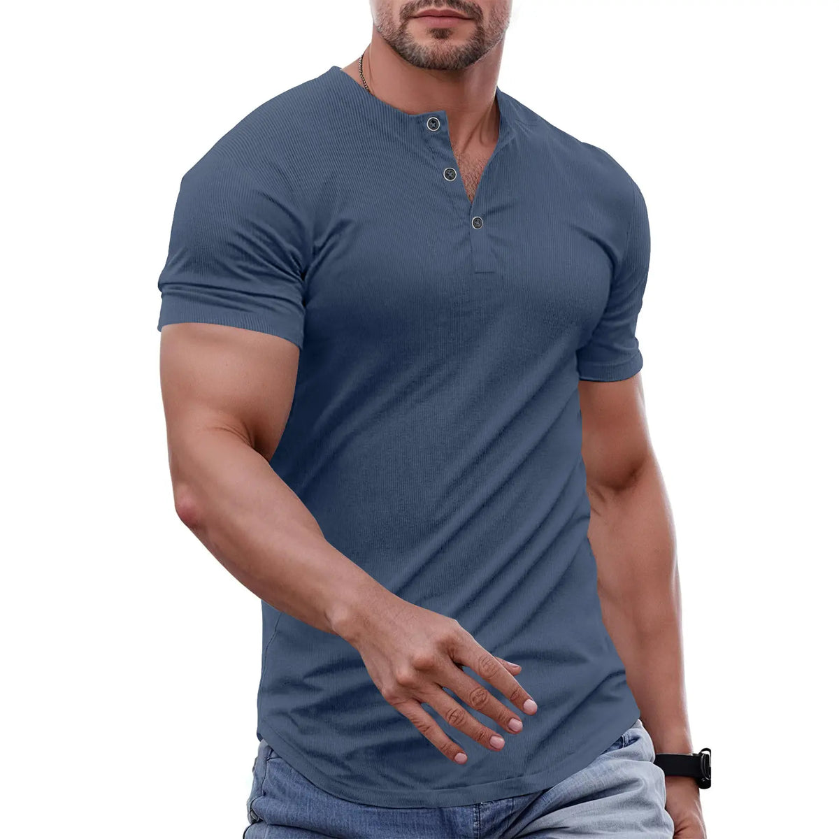Men's Slim Fit Henley Athletic Longline Workout T-Shirt Heavyweight Stretch