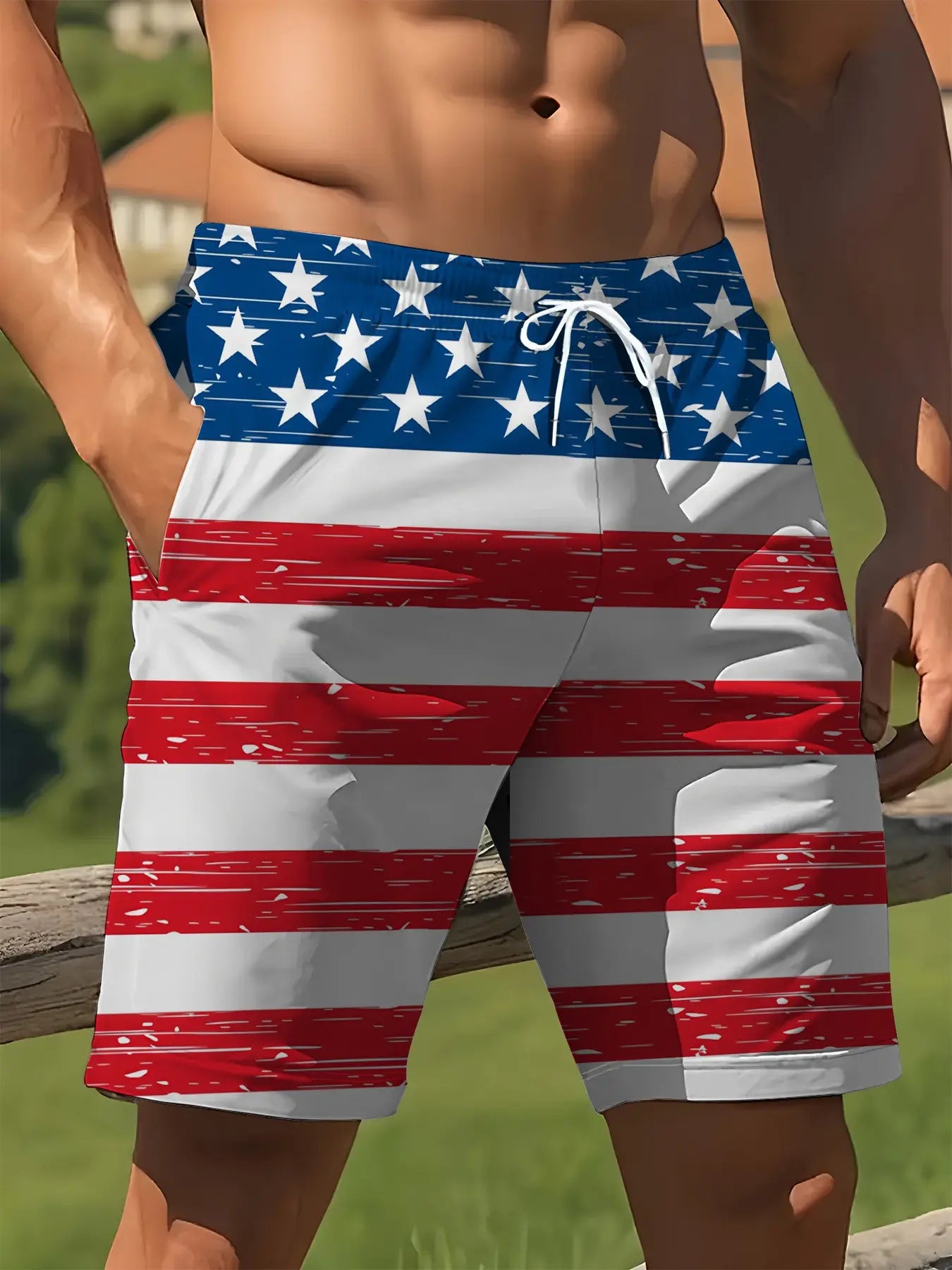 Men's American Flag Beach Shorts, Swimwear Shorts, Drawstring Swim Shorts, Quick-Dry Breathable, Holiday Essential, Fashion Casual Short Pants, Summer