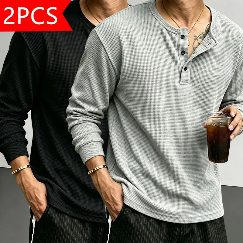 Men's Waffle-Knit Henley Collar T-Shirt (Drop Shoulder/Half-Placket)