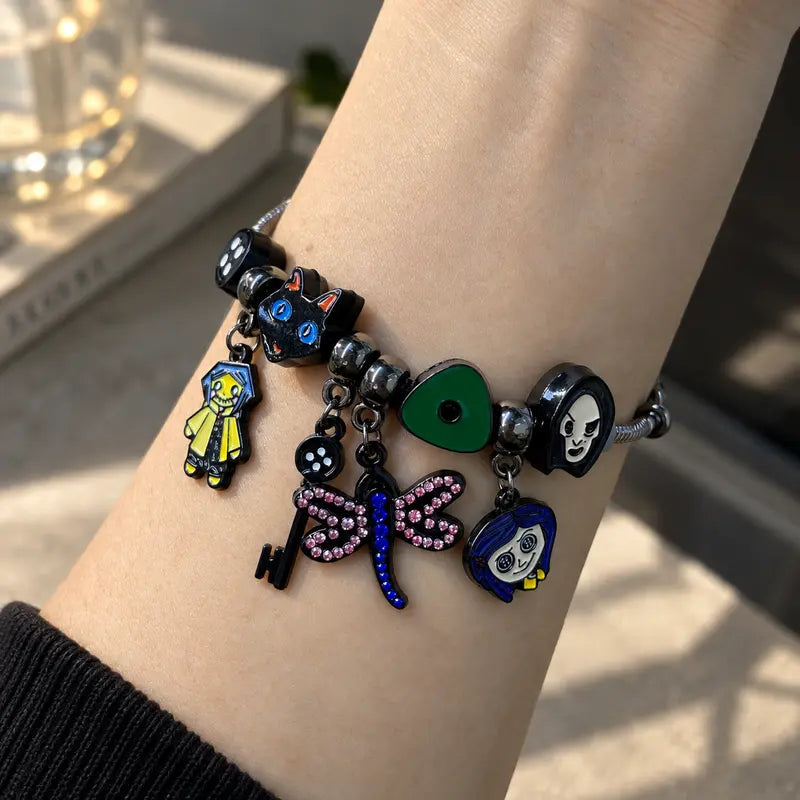 Corallne Secret Door Charm Bracelet with Enamel Button and Key Pendants