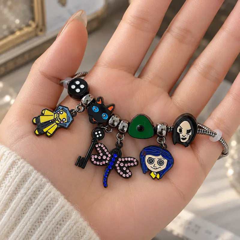Corallne Secret Door Charm Bracelet with Enamel Button and Key Pendants