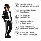 Boys' 80s-90s Pop Dance Costume Full Set - Polyester Sequins Criss Cross Striped T-Shirt & Pants, Sunglasses Included, Costumes with Accessories for Halloween, Cosplay Gear, 4-5/13-14Y Halloween Aesthetic Outfit