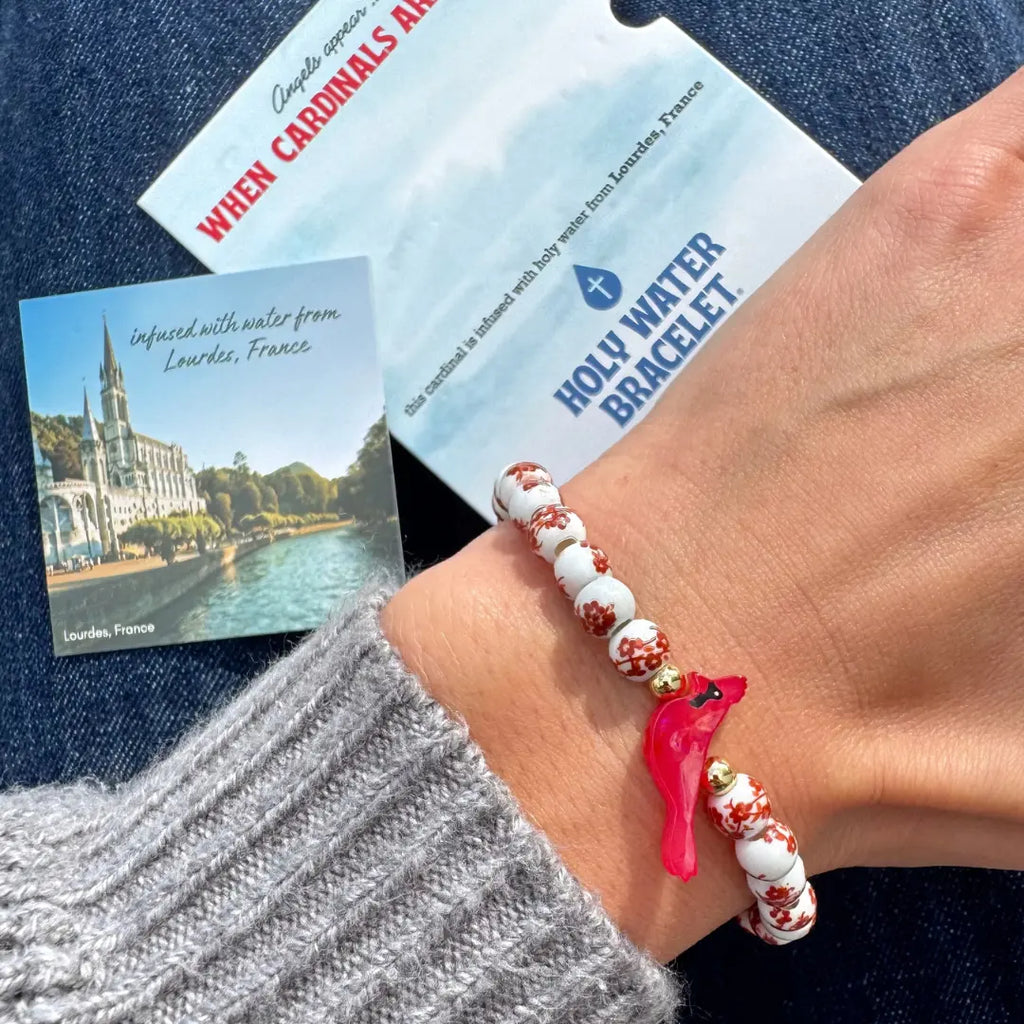Holy Water Porcelain Red Cardinal Bird Bracelet, 6.8" Circumf., Waterproof Gold Accents, Flexible Stretch Cord for Easy Wear