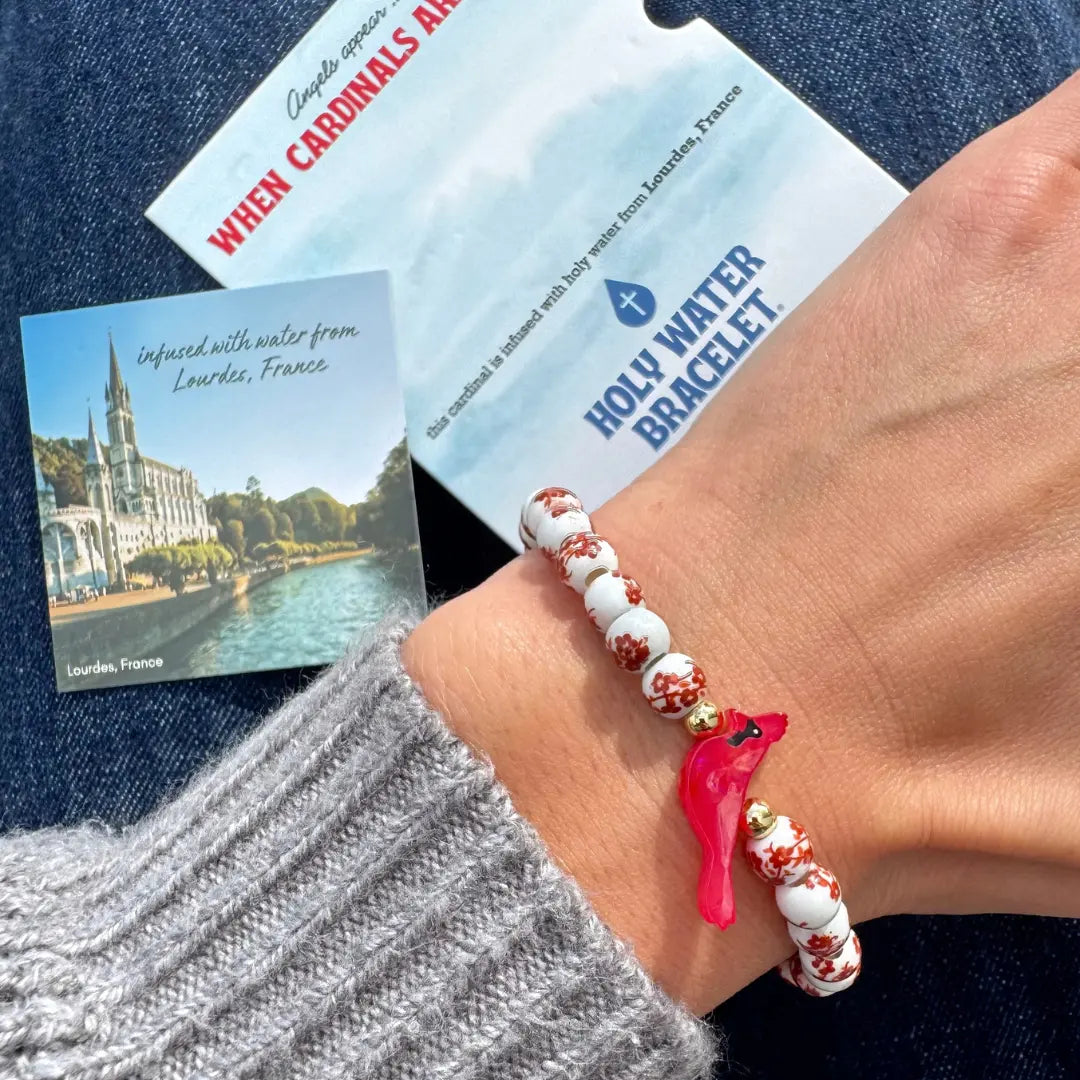 Holy Water Porcelain Red Cardinal Bird Bracelet, 6.8" Circumf., Waterproof Gold Accents, Flexible Stretch Cord for Easy Wear