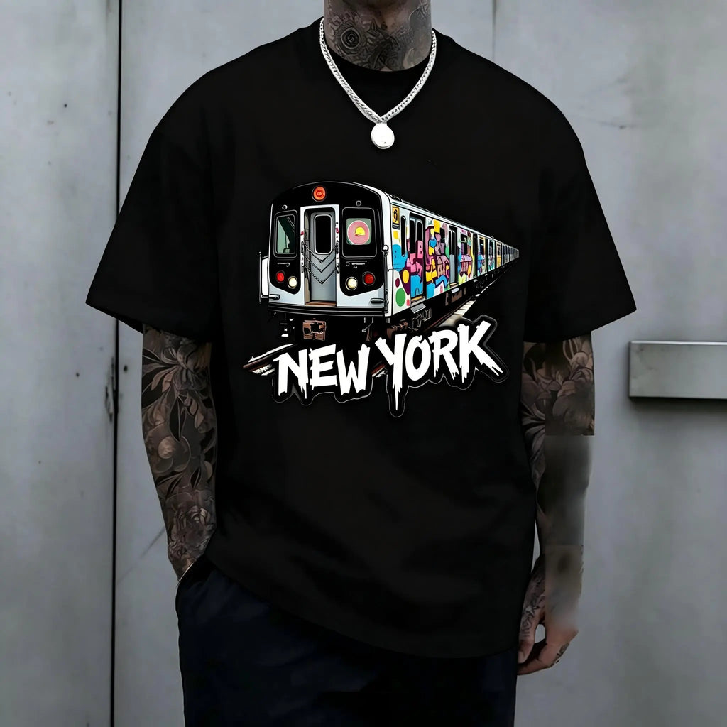 New York Subway Graffiti Print T-Shirt - Urban Street Art Tee, Short Sleeve Crew Neck, Breathable Regular Fit Casual Top for Everyday Wear & Outdoor Activities, Machine Washable