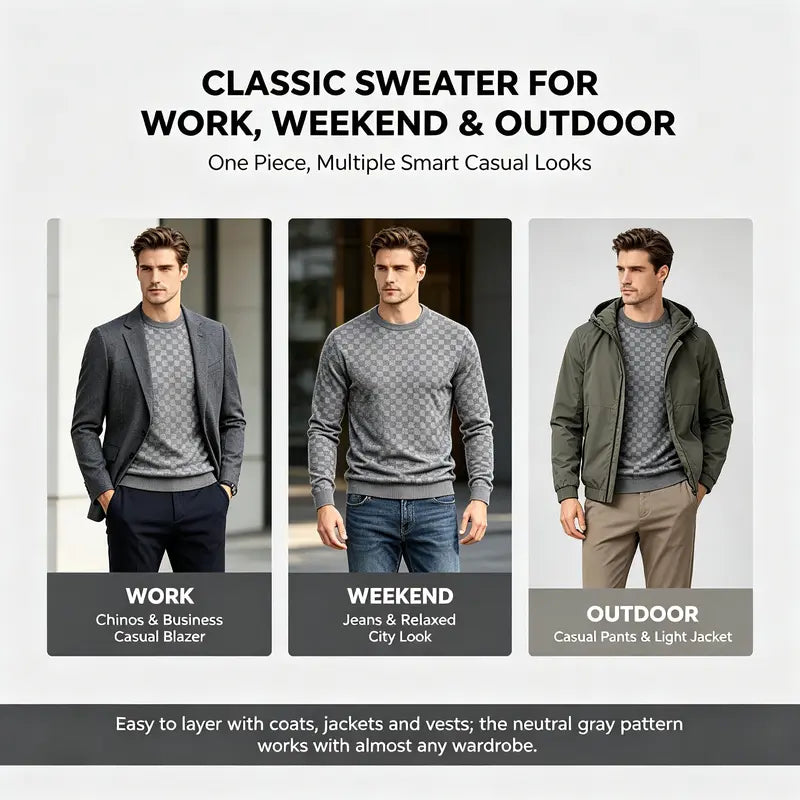 4-Pack Men's Plaid Knit Sweatshirts, Textured Grid Pattern Long Sleeve, Soft Lightweight Casual Top, Ideal for Fall Winter Streetwear