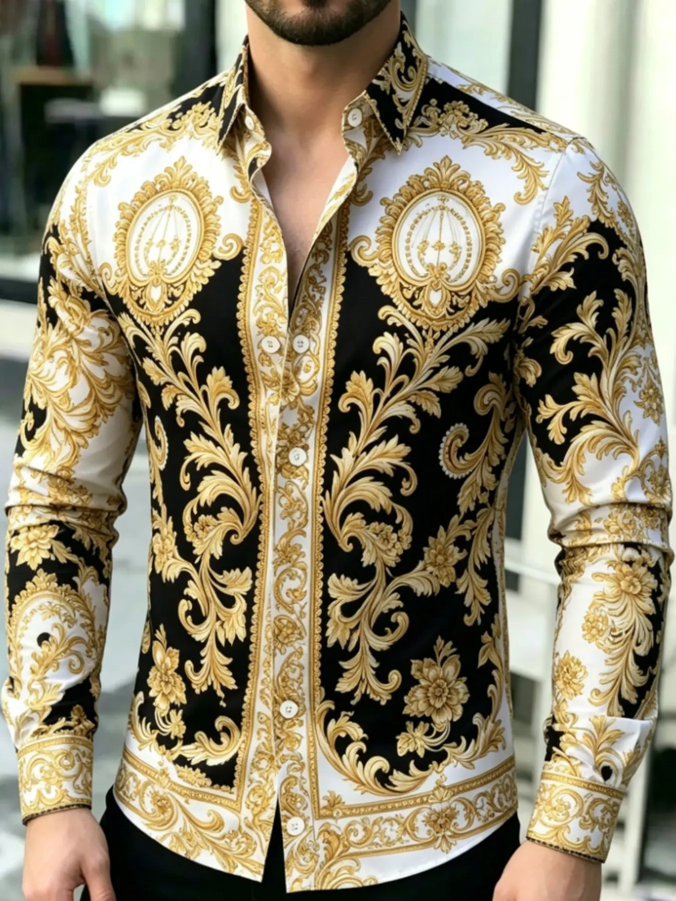 Men's Vintage Baroque Print Long Sleeve Shirt, Casual Collared Top, Collared Button Down, Button Front Shirts, Slim-Fitting, All Seasons, Classic Style, Comfortable and Stylish
