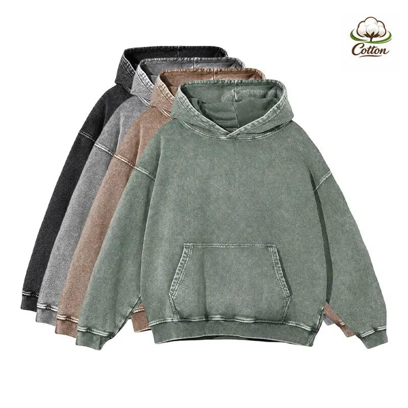 Men’s heavyweight acid-wash pure cotton hooded sweatshirt; women’s and men’s same style, suitable for autumn and winter wear.,clothes for back to school,first day of school outfits