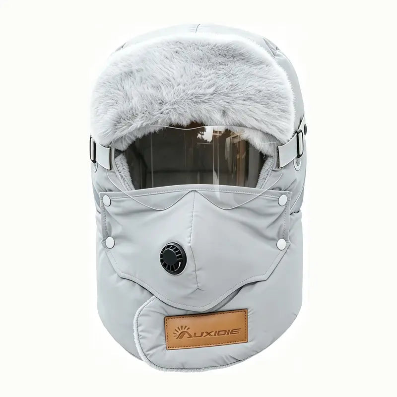 Unisex Fleece-Lined Outdoor Biking Hat with Goggles, Casual Style, Thick Inner Lining, Full Face Coverage, Warm Winter Sports Accessory (QXM)