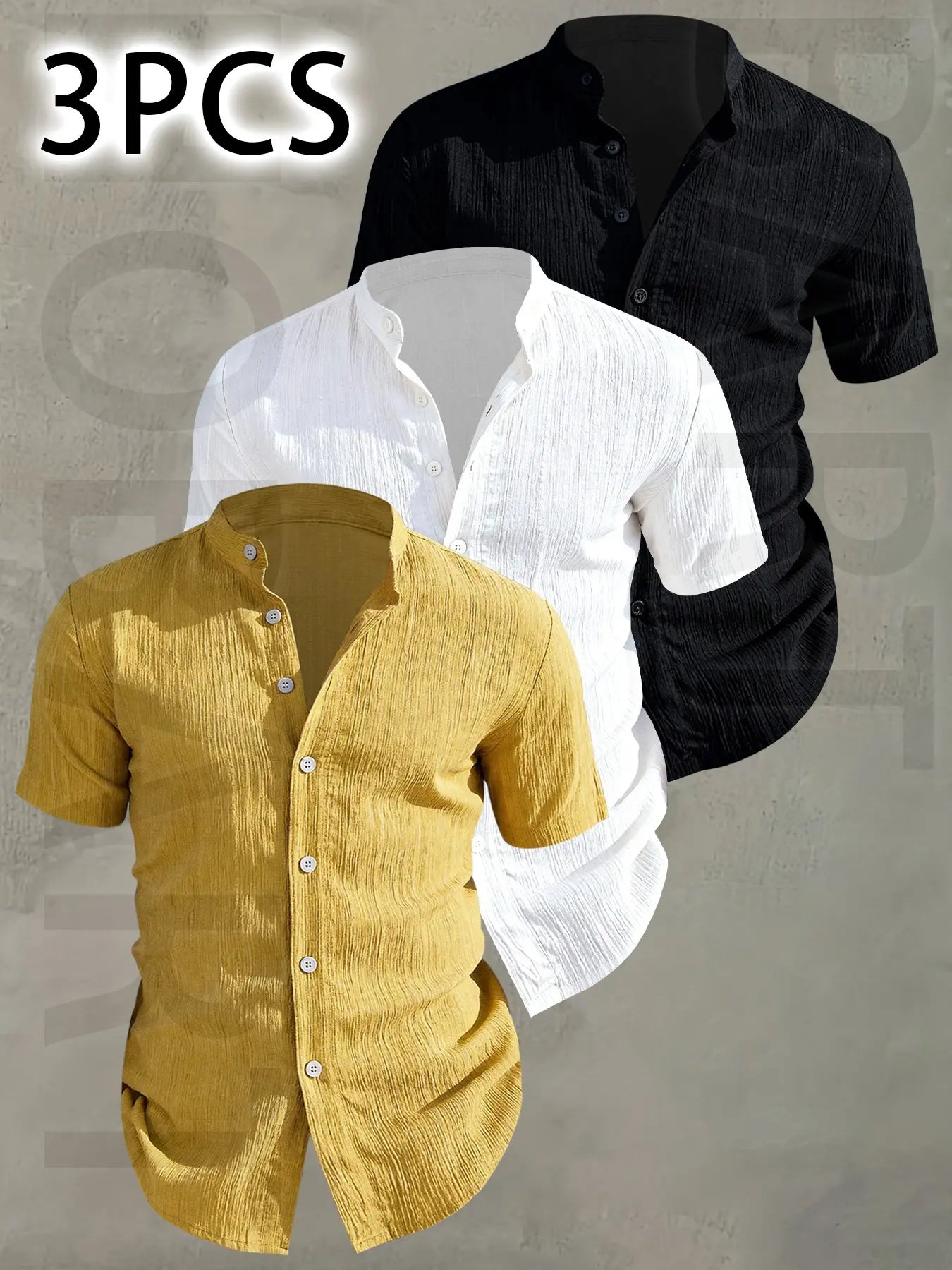 3pcs Men's Summer Lightweight Casual Button-Up Shirts with Stand Collar