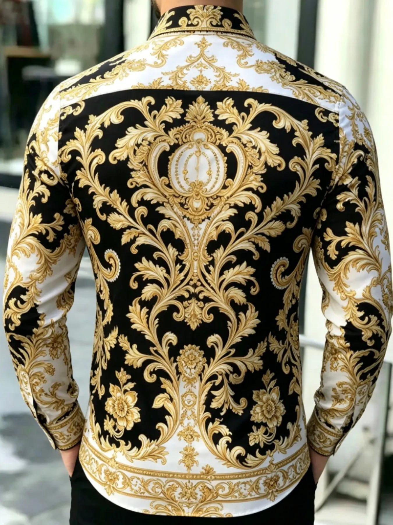 Men's Vintage Baroque Print Long Sleeve Shirt, Casual Collared Top, Collared Button Down, Button Front Shirts, Slim-Fitting, All Seasons, Classic Style, Comfortable and Stylish
